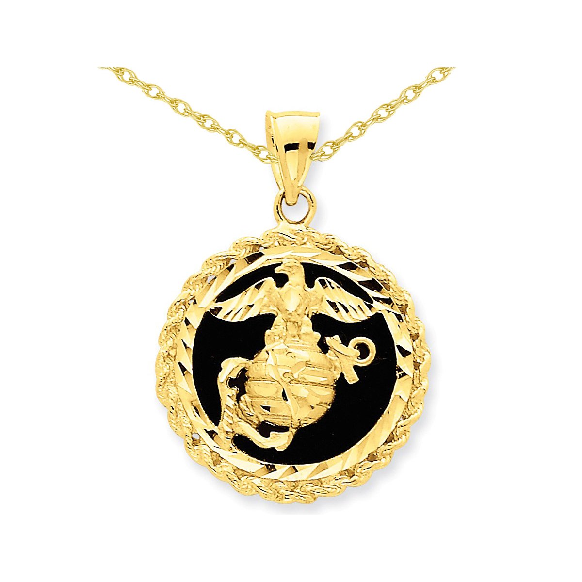 Gem And Harmony U.S. Marine Corp Charm Pendant Necklace in 14K Yellow Gold with Black Onyx with Chain