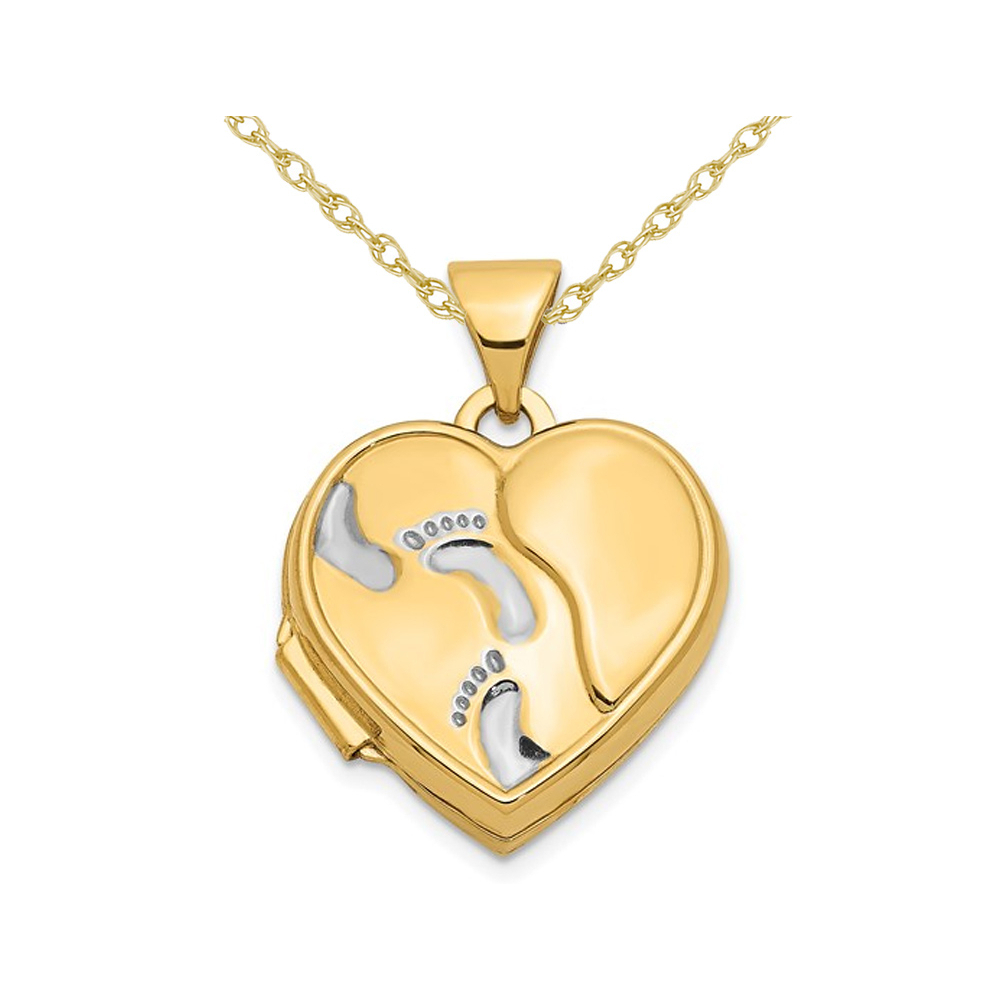 Gem And Harmony Footprints Heart Locket Pendant Necklace in 14K Yellow Gold with Chain