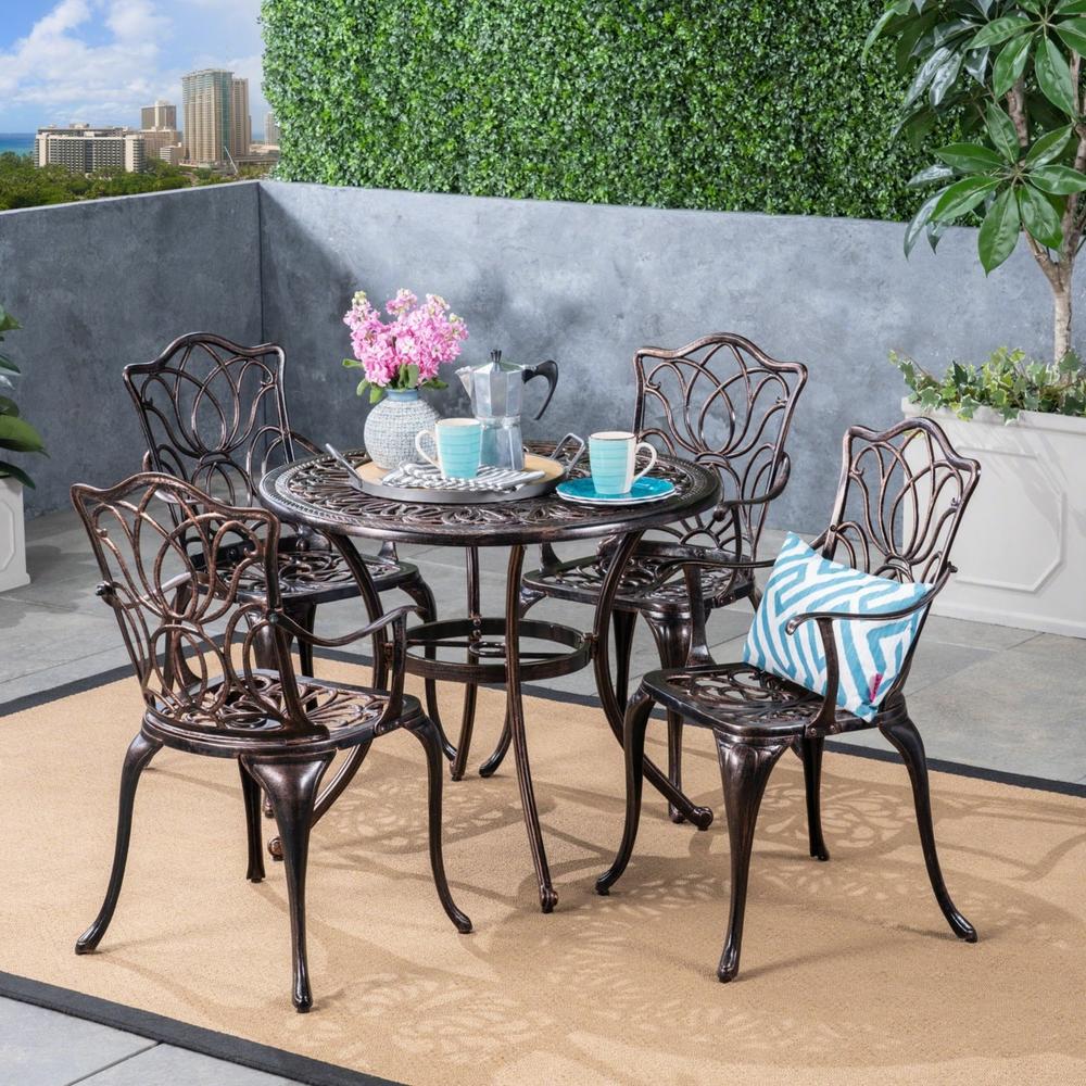 GDFStudio Barbara Outdoor 4-Seater Cast Aluminum Round-Table Dining Set, Shiny Copper