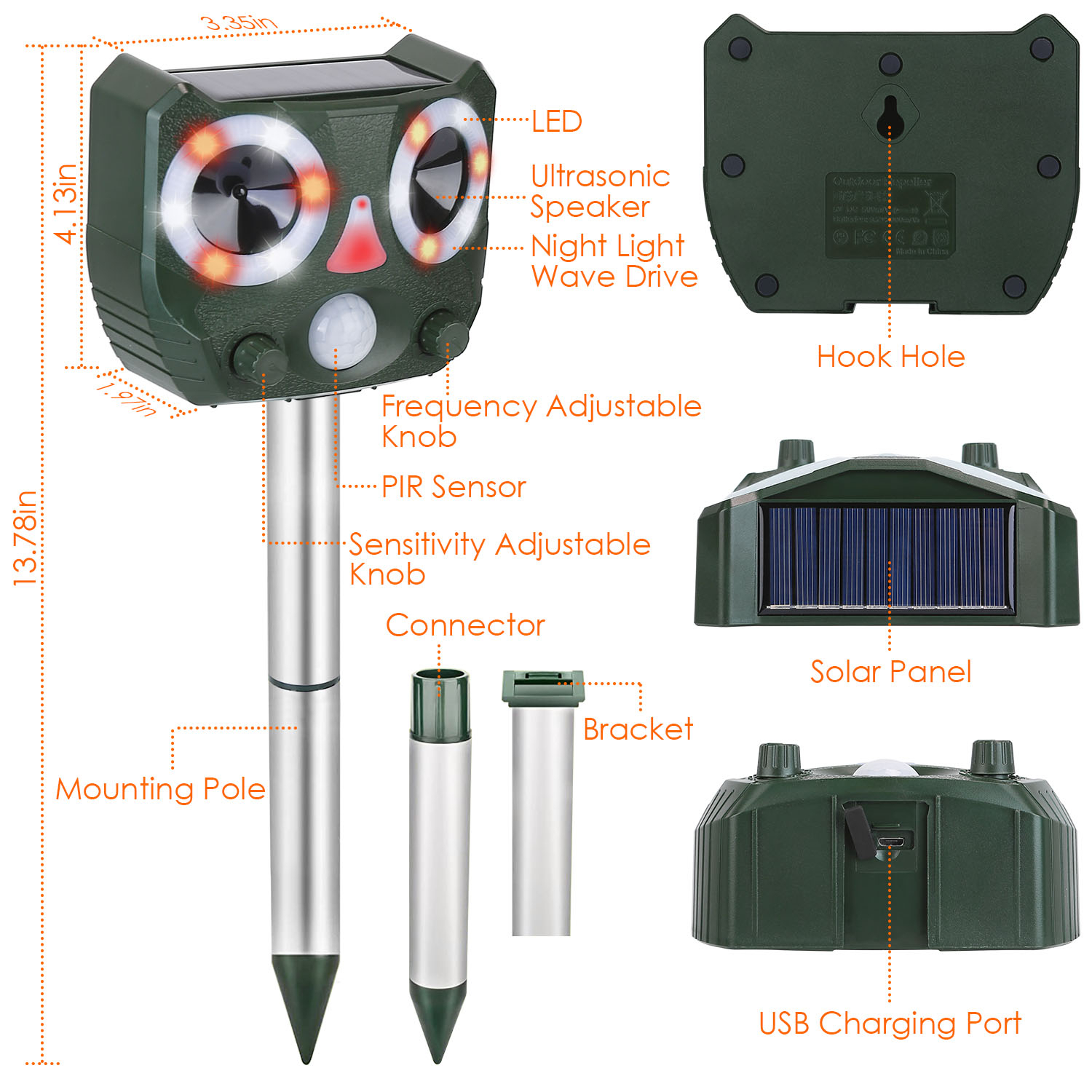 GLOBAL PHOENIX Ultrasonic Animal Repeller Solar Powered Animal Repellent  Motion Sensor Animal Chaser IP55 Waterproof