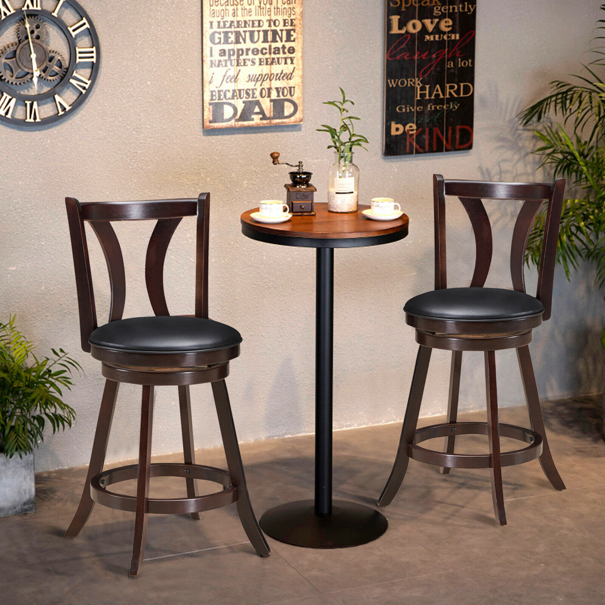 Gymax Set of 2 Swivel Bar stool 24 Counter Height Leather Padded Dining Kitchen Chair