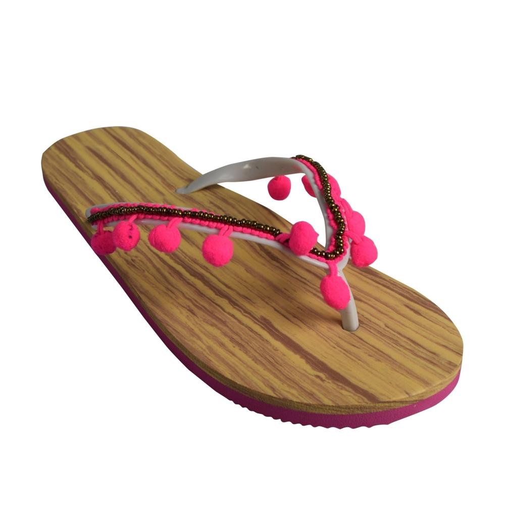 Peach Couture Casual Summer Bright Pom Pom Trim Beach Flip Flop Thong Sandal