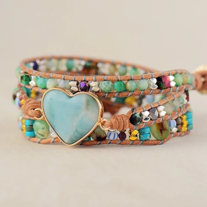 Handmade Spiritual Heart Shape Natural Amazonite Leather Bracelet Bohemian Boho Healing Reiki Wrap Women Bracelets