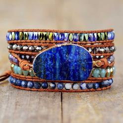 Handmade Lapis Lazuli Natural Stone Bracelet Bohemian Women 5 Strand Wrap Healing Meditation Bracelet Gift
