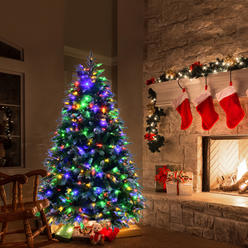 Gymax 5/6/7/9 FT Pre-Lit Artificial Christmas Tree Hinged Xmas Tree w/ 11 Flash Modes