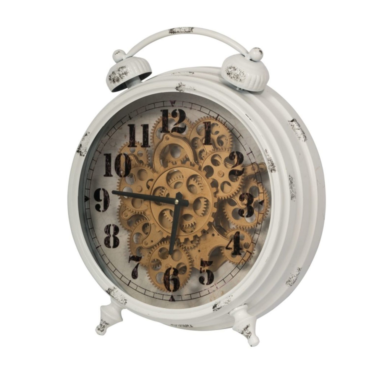 Saltoro Sherpi Benjara Classic Metal Table Clock with Gears Front and Distressed Details, White and Gold
