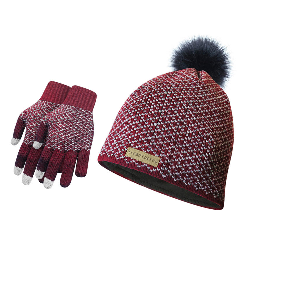 Bargain Hunters 3-Piece: Womens Diamond Pom Hat with Fleece and Texting Winter Gloves Set