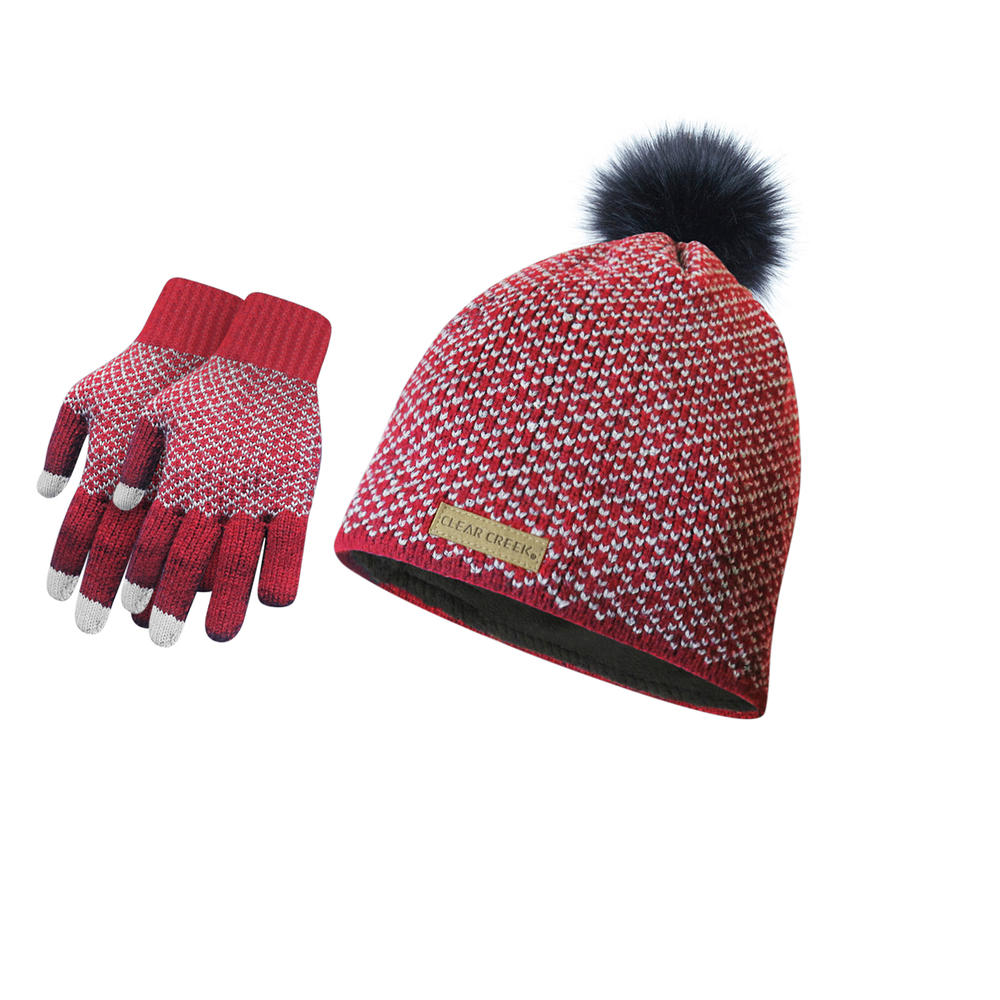 Bargain Hunters 3-Piece: Womens Diamond Pom Hat with Fleece and Texting Winter Gloves Set