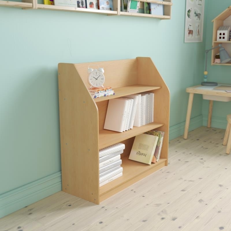 Flash Furniture Natural Wooden 3 Shelf Book Display with Safe, Kid Friendly Curved Edges - Commercial Grade for Daycare, Classroom or Playroom