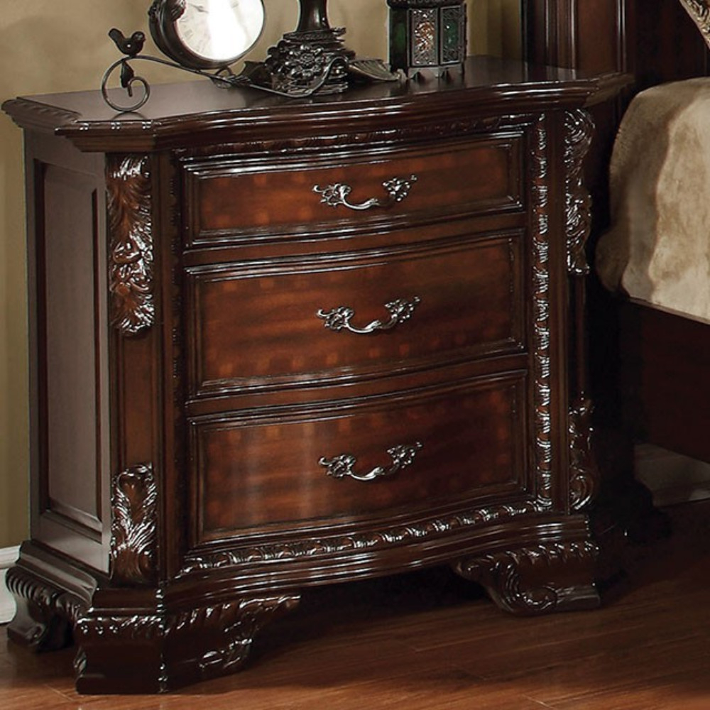 Furniture of America Wooden Nightstand with 3 Drawers and Carved and Molded Details, Brown- Saltoro Sherpi