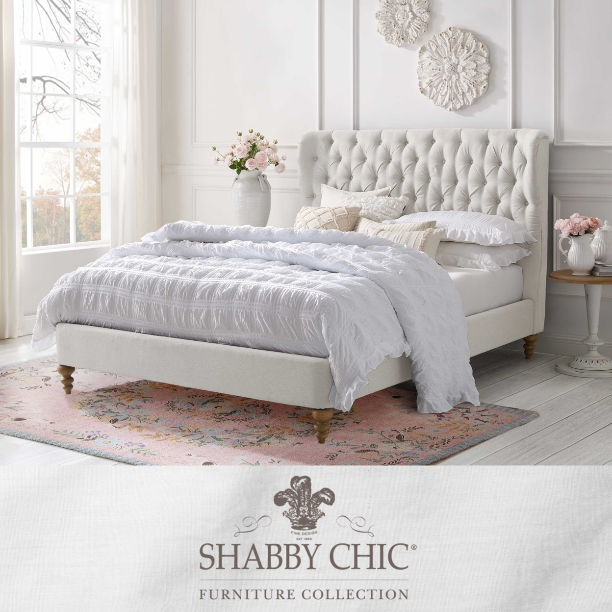 Shabby Chic Kelsie Bed-Button Tufted Headboard-Wingback-Slats Included