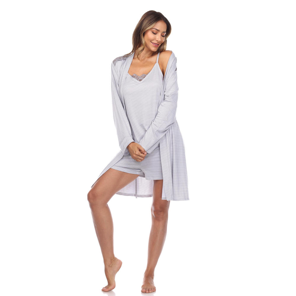 White Mark Womens 3-Piece Striped Camo Top Shorts and Robe Matching Pajama Set