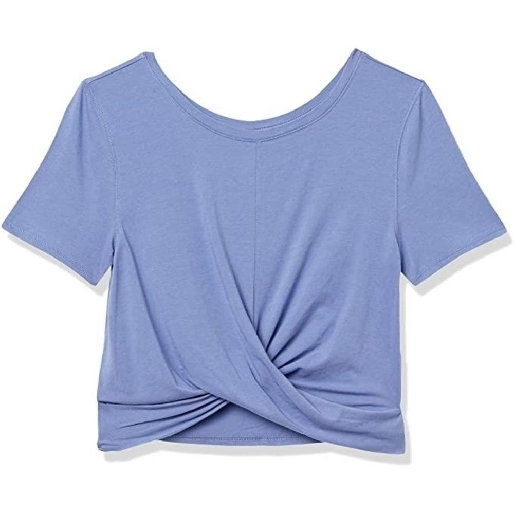 Core 10 Womens Soft Pima Cotton Knot Front Cropped Yoga T-Shirt, Light Blue  Bleach, Medium