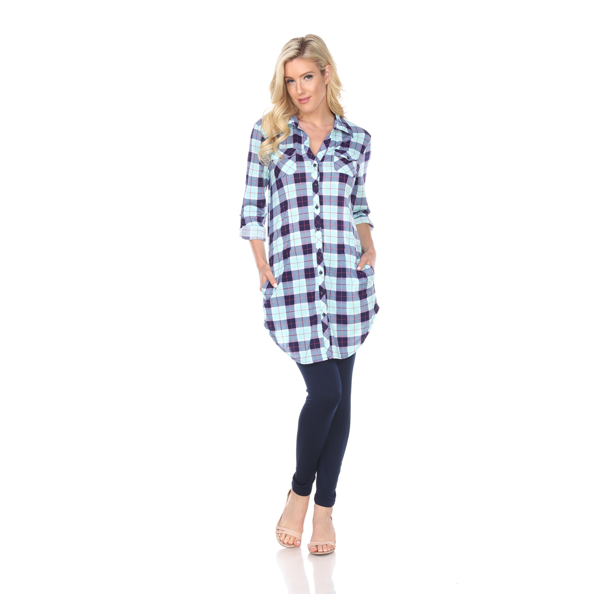White Mark Womens Stretchy Plaid Flannel Tunic Top