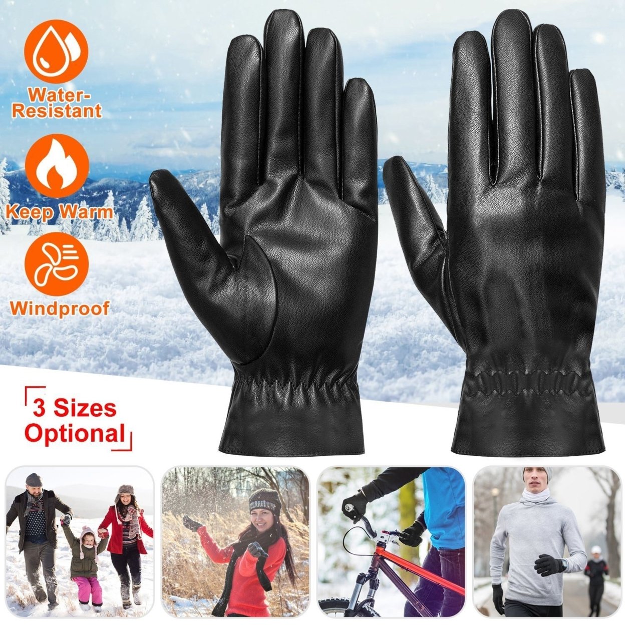 Dsermall Leather Winter Warm Gloves Outdoor Windproof Soft Gloves Cycling Skiing Running Cold Winter Gloves