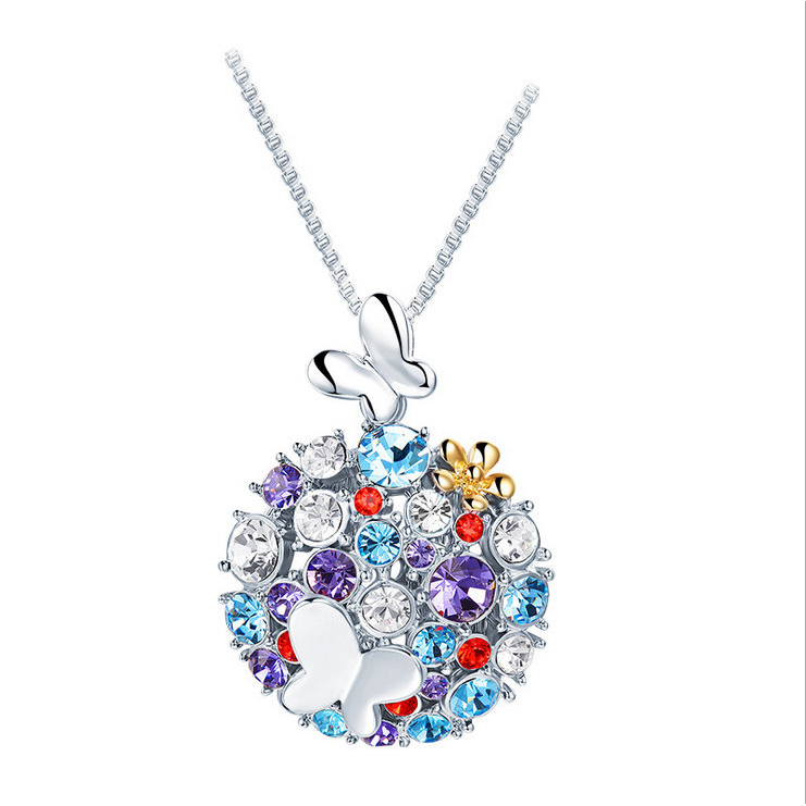 Bedazzled Bijou Sterling Silver Plated Multi Color CZ Butterfly Pendant Necklace