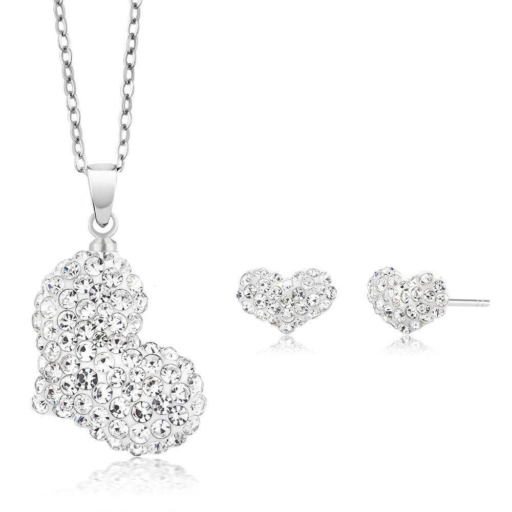 Beverly Hills Silver Heart Crystal Earring And Necklace Set
