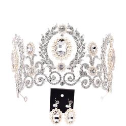Generic Baroque Women Rhinestone Faux Pearl Crown Tiara Earrings Wedding Jewelry Set
