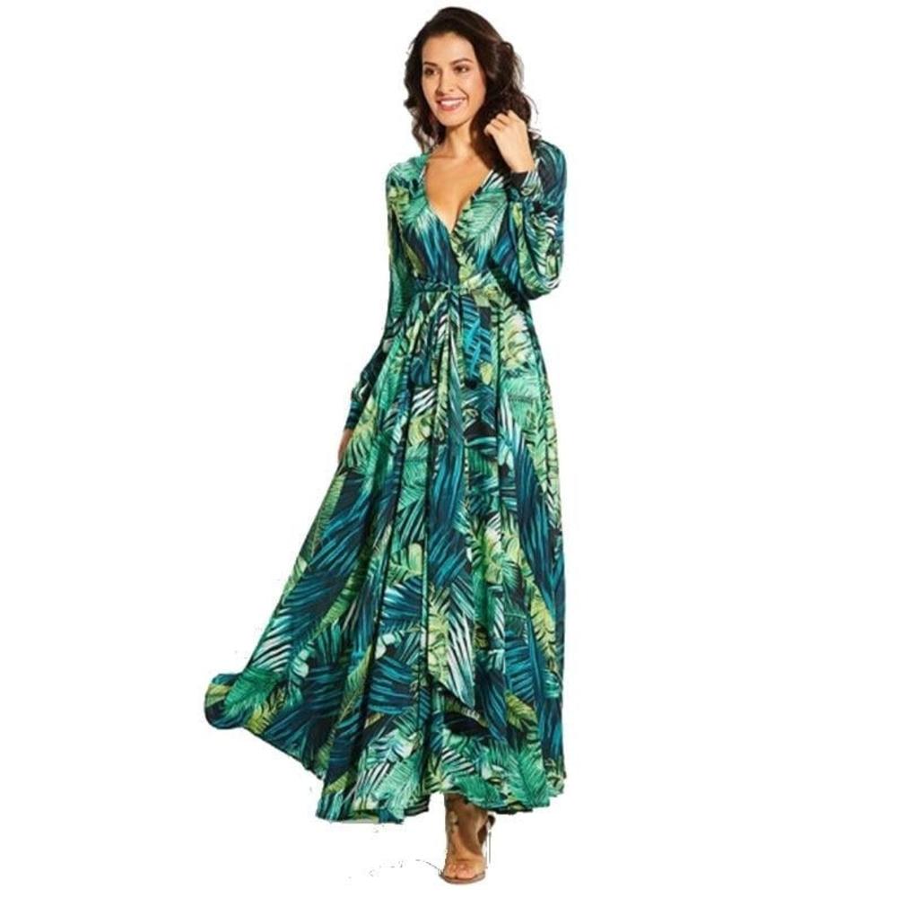 ShopSosie Print Lantern Sleeve  Deep V-neck Green Leaf Maxi Dress