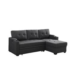 Saltoro Sherpi Leon 83 Inch Sleeper Sectional Sofa, USB Ports, Cupholders, Dark Gray Linen- Saltoro Sherpi