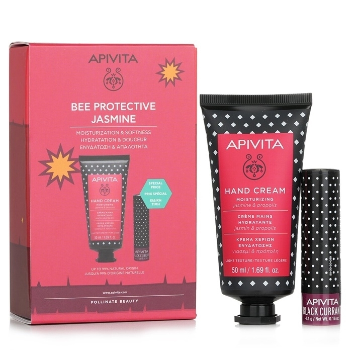 Apivita Bee Protective Jasmine Set: Hand Cream Jasmine and Propolis 50ml+ Lip Care Black Currant 2pcs
