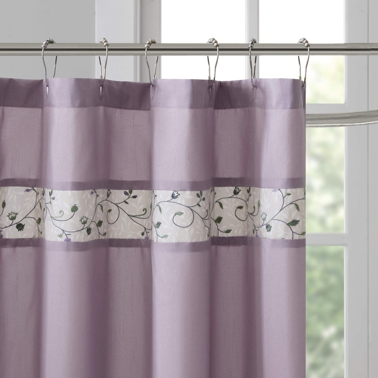 Madison Park Serene Shower Curtain Faux Silk Embroidered Floral Machine Washable Modern Home Bathroom Decorations,