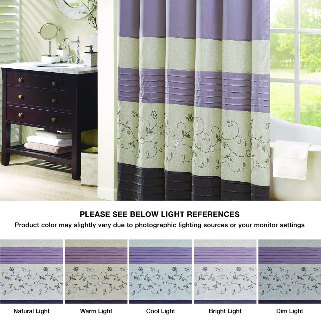 Madison Park Serene Shower Curtain Faux Silk Embroidered Floral Machine Washable Modern Home Bathroom Decorations,