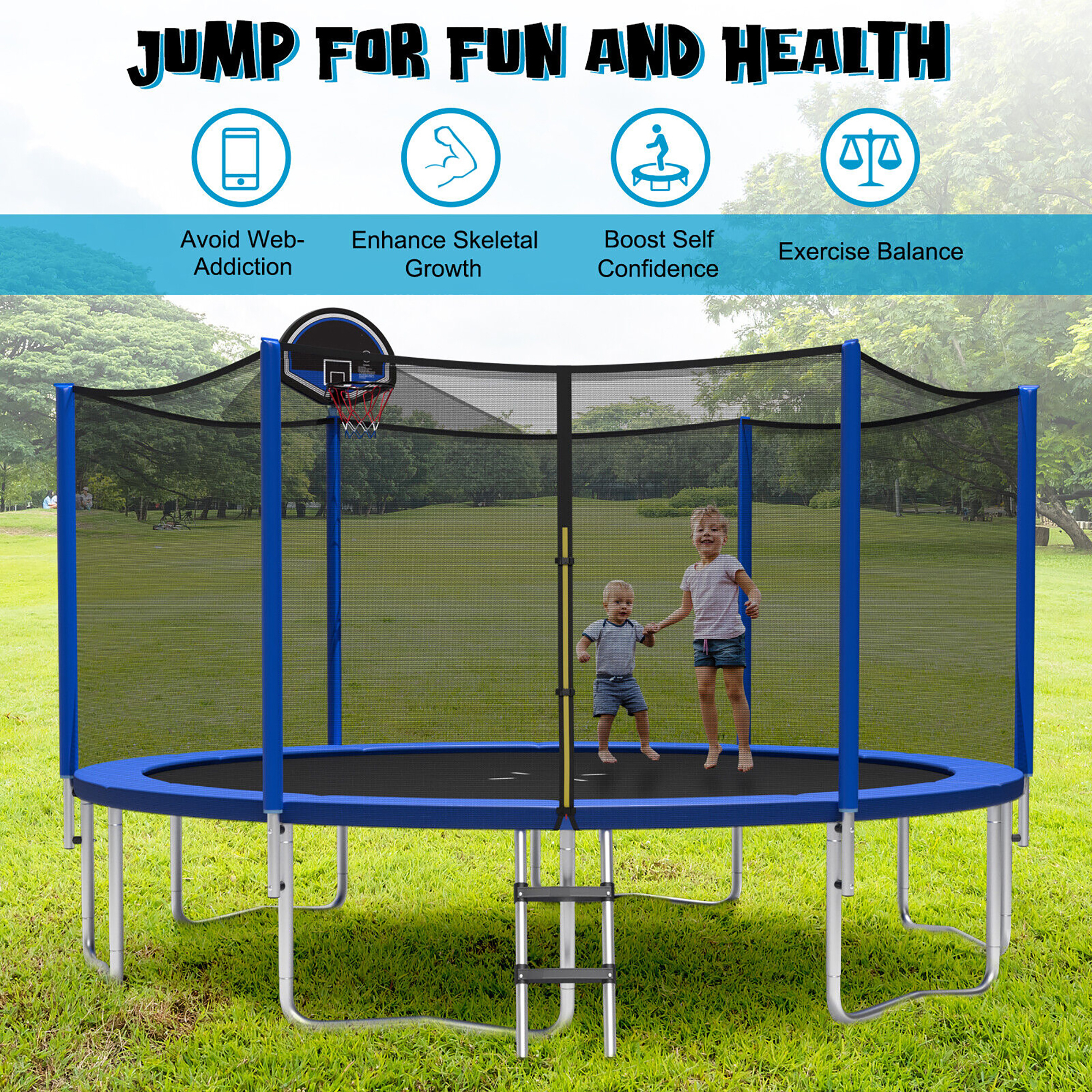 Gymax 15FT Outdoor Large Trampoline Safety Enclosure Net w/ Basketball Hoop Ladder