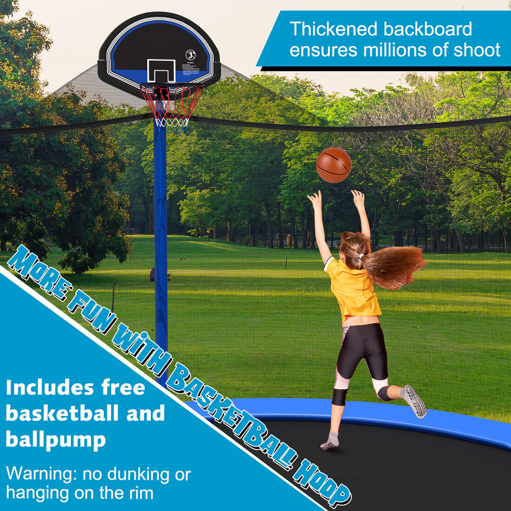Gymax 15FT Outdoor Large Trampoline Safety Enclosure Net w/ Basketball Hoop Ladder