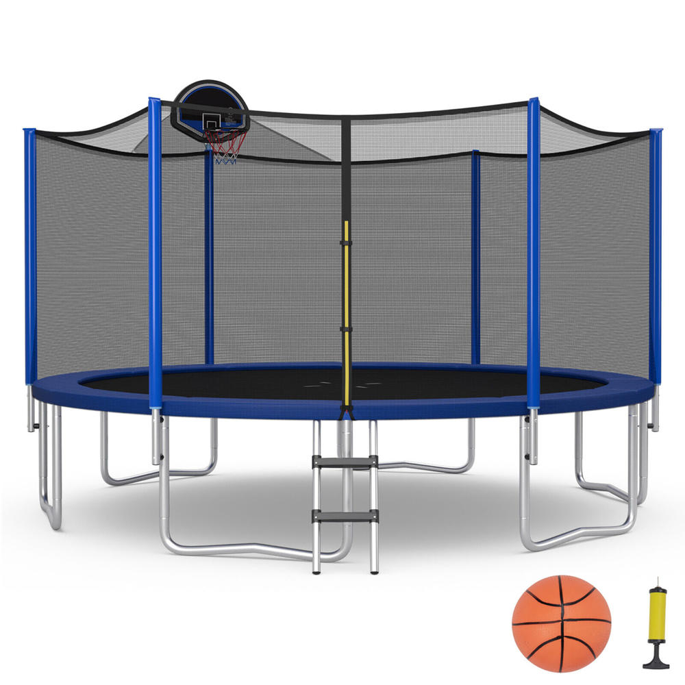 Gymax 16FT Outdoor Large Trampoline Safety Enclosure Net w/ Basketball Hoop Ladder