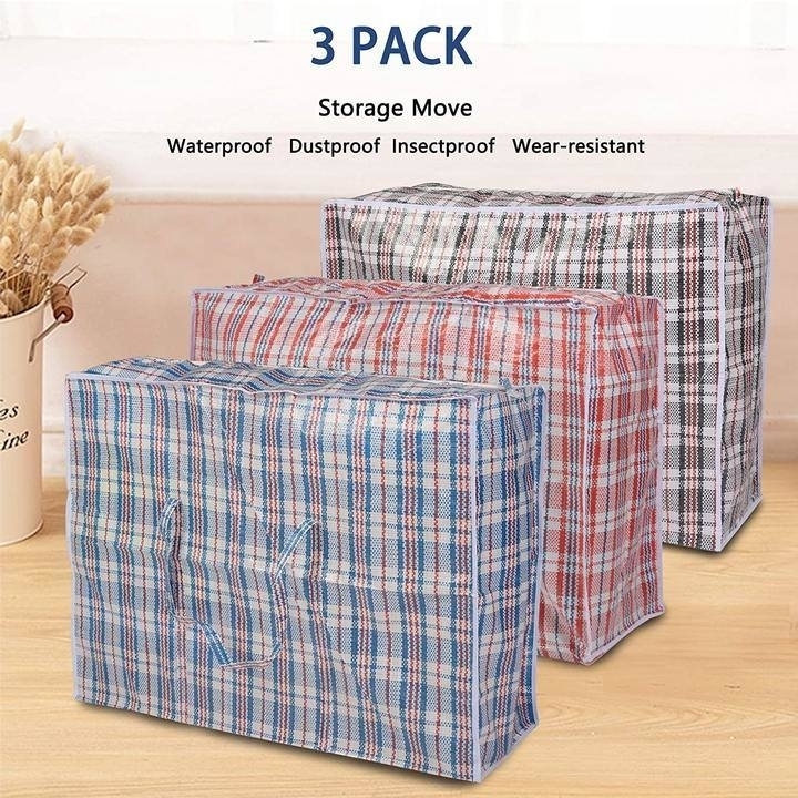 Dsermall Portable Extra-Large Set of 3 Plastic Checkered Storage Reusable Laundry Shopping Bags with Zipper & Handles Size 31" x 11" x
