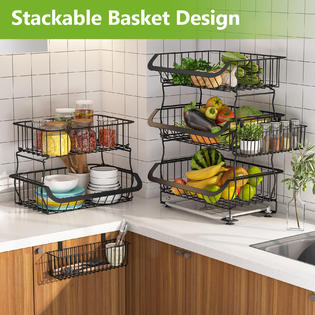Fruit Basket, 1Easylife 3-Tier 5-Tier Stackable Metal Wire Basket Cart with  Rolling Wheels, With 2 Free Basket