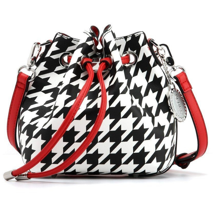 SCORE! The Official Game Day Bag SCORE! Sarah Jean Designer Small Shoulder Crossbody Purse Boho Bucket Game Day Bag Tote - Houndstooth Black, White and