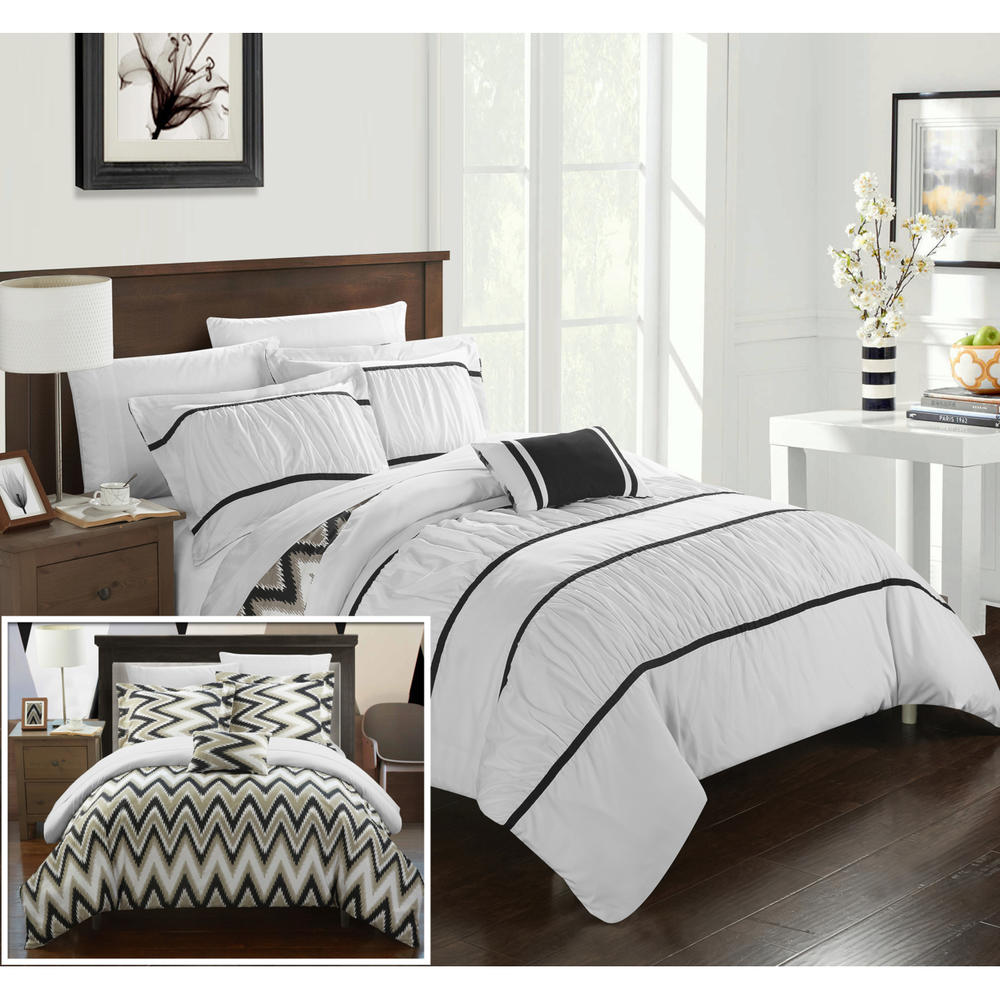 Chic Home 4 or 3 Piece Lucia Pleated and Ruffled with Chevron REVERSIBLE Backing Comforter Set