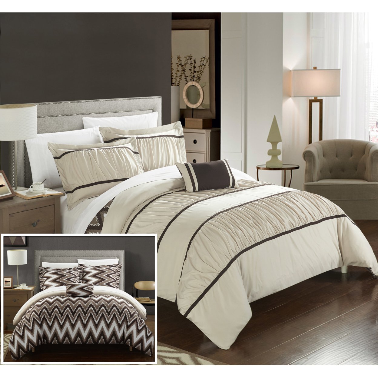 Chic Home 4 or 3 Piece Lucia Pleated and Ruffled with Chevron REVERSIBLE Backing Comforter Set