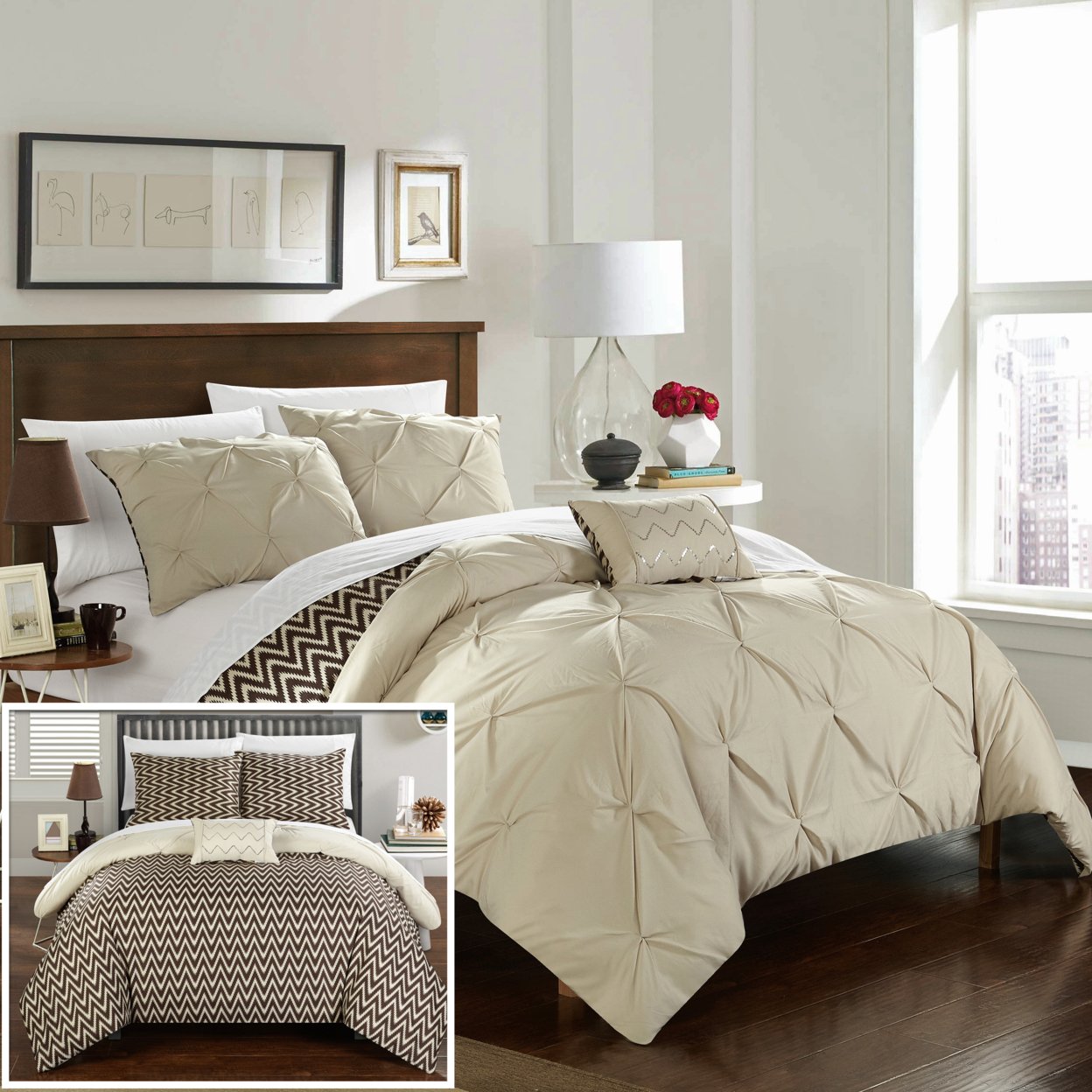 Chic Home 3/4 Piece Portia Pinch Pleated REVERSIBLE Chevron Print ruffled and pleated Comforter Set Shams and Decorative