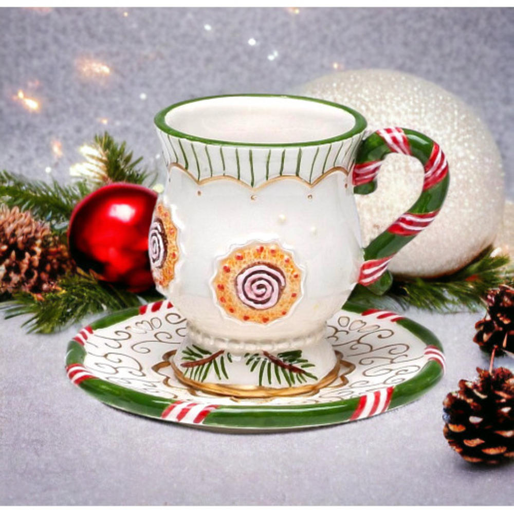 kevinsgiftshoppe Ceramic Christmas Cup and Saucer Tree Ornament, Home Décor, Gift for Her, Gift for Mom, Kitchen Décor, Christmas Décor