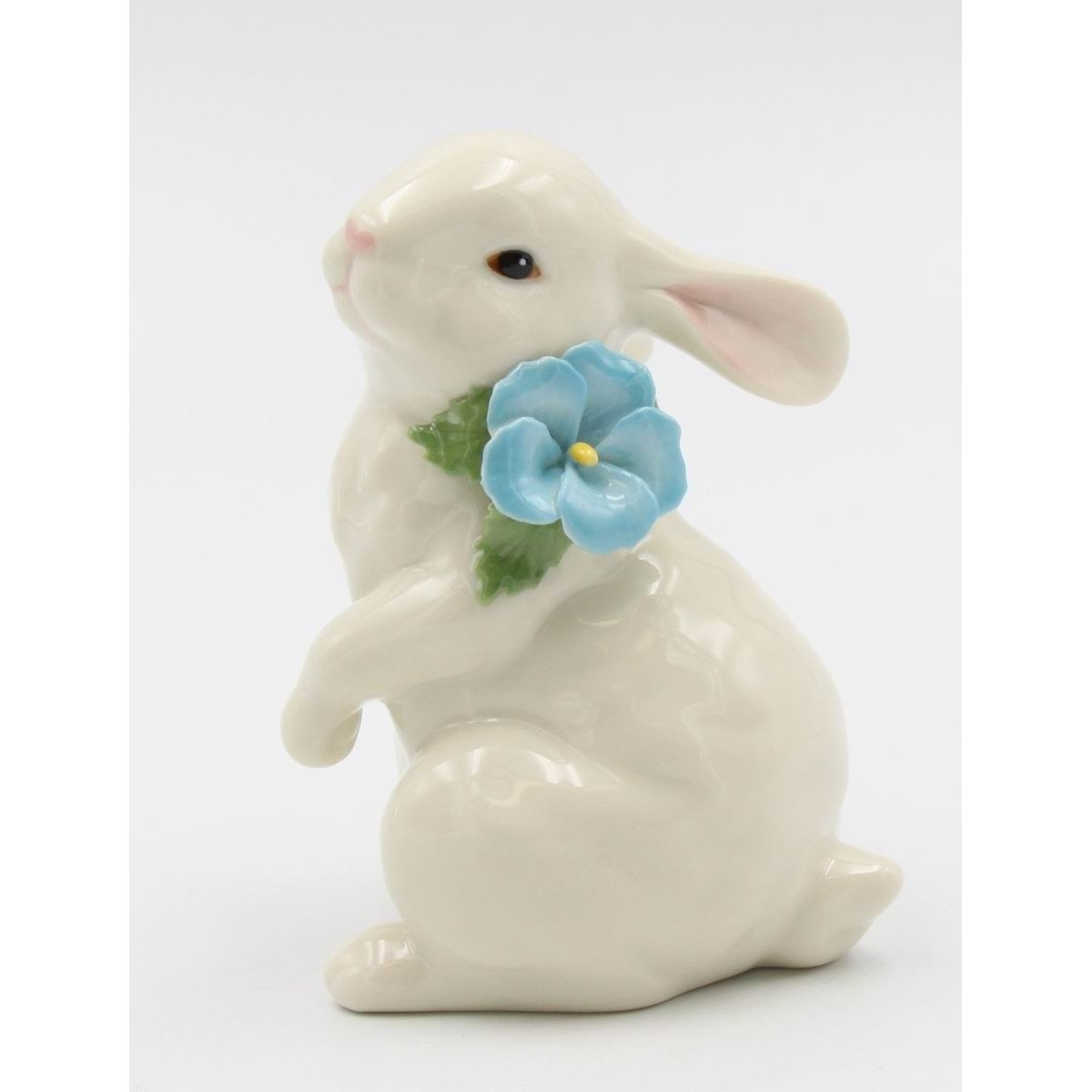 kevinsgiftshoppe Ceramic White Rabbit with Blue Pansy Flower Figurine, Home Décor, Gift for Her, Gift for Mom, Kitchen Décor, Spring Décor,