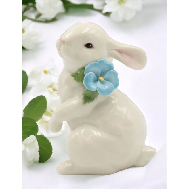 kevinsgiftshoppe Ceramic White Rabbit with Blue Pansy Flower Figurine, Home Décor, Gift for Her, Gift for Mom, Kitchen Décor, Spring Décor,