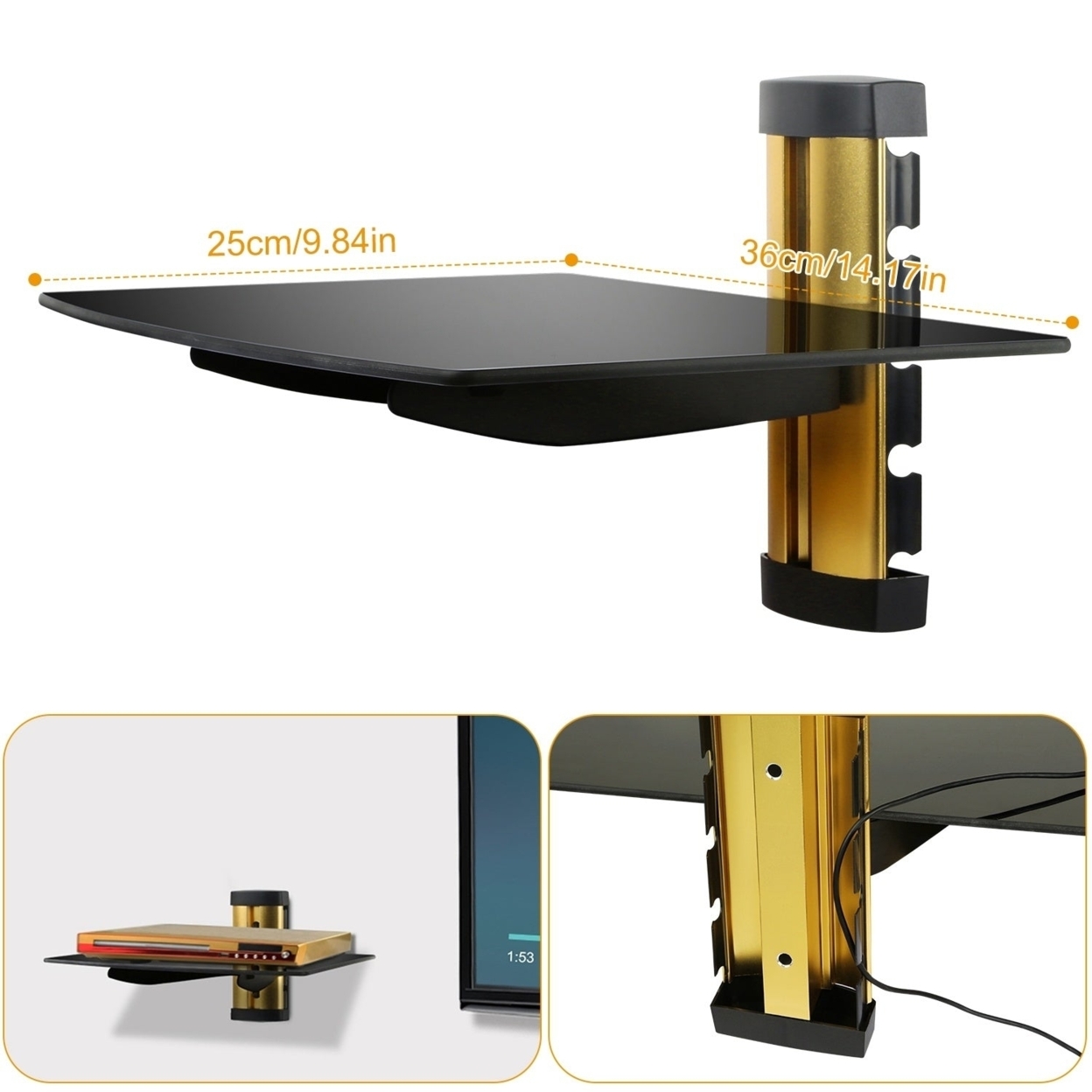 Dsermall Floating Wall Mounted Strengthened Tempered Glass Shelf for DVD Cable Boxes Gold