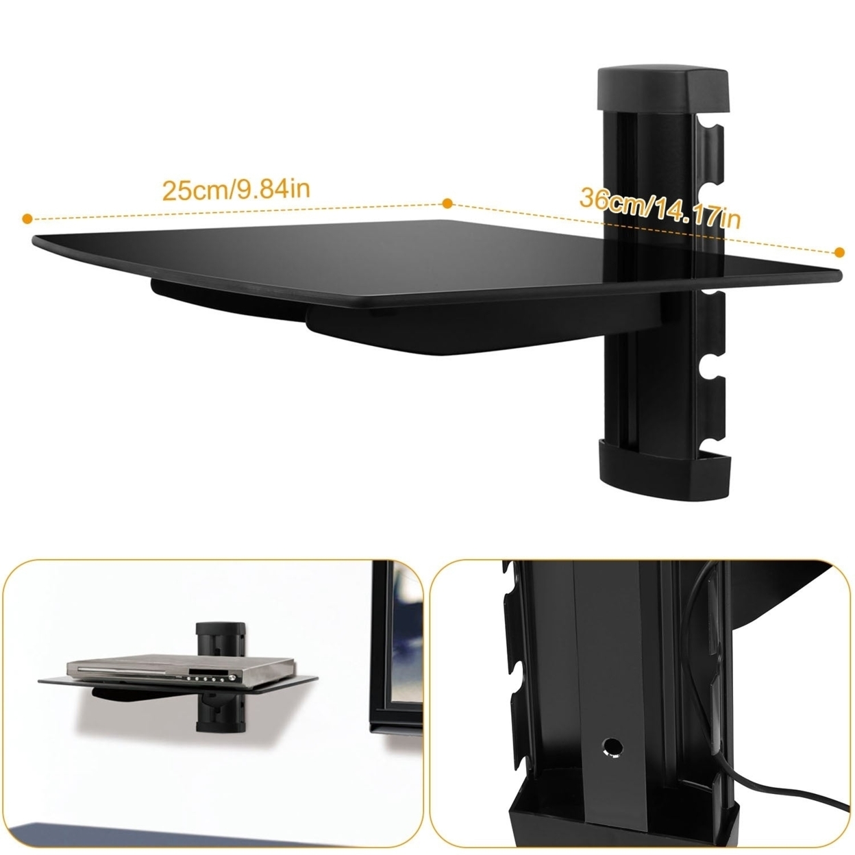 Dsermall Floating Wall Mounted Strengthened Tempered Glass Shelf for DVD Cable Boxes Black
