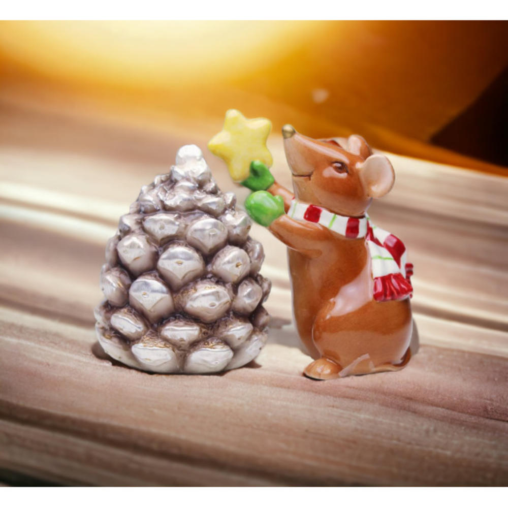 kevinsgiftshoppe Ceramic Christmas Mouse With Pinecone Salt & Pepper Shakers, Home Décor, Gift for Her, Gift for Mom, Kitchen Décor, Christmas