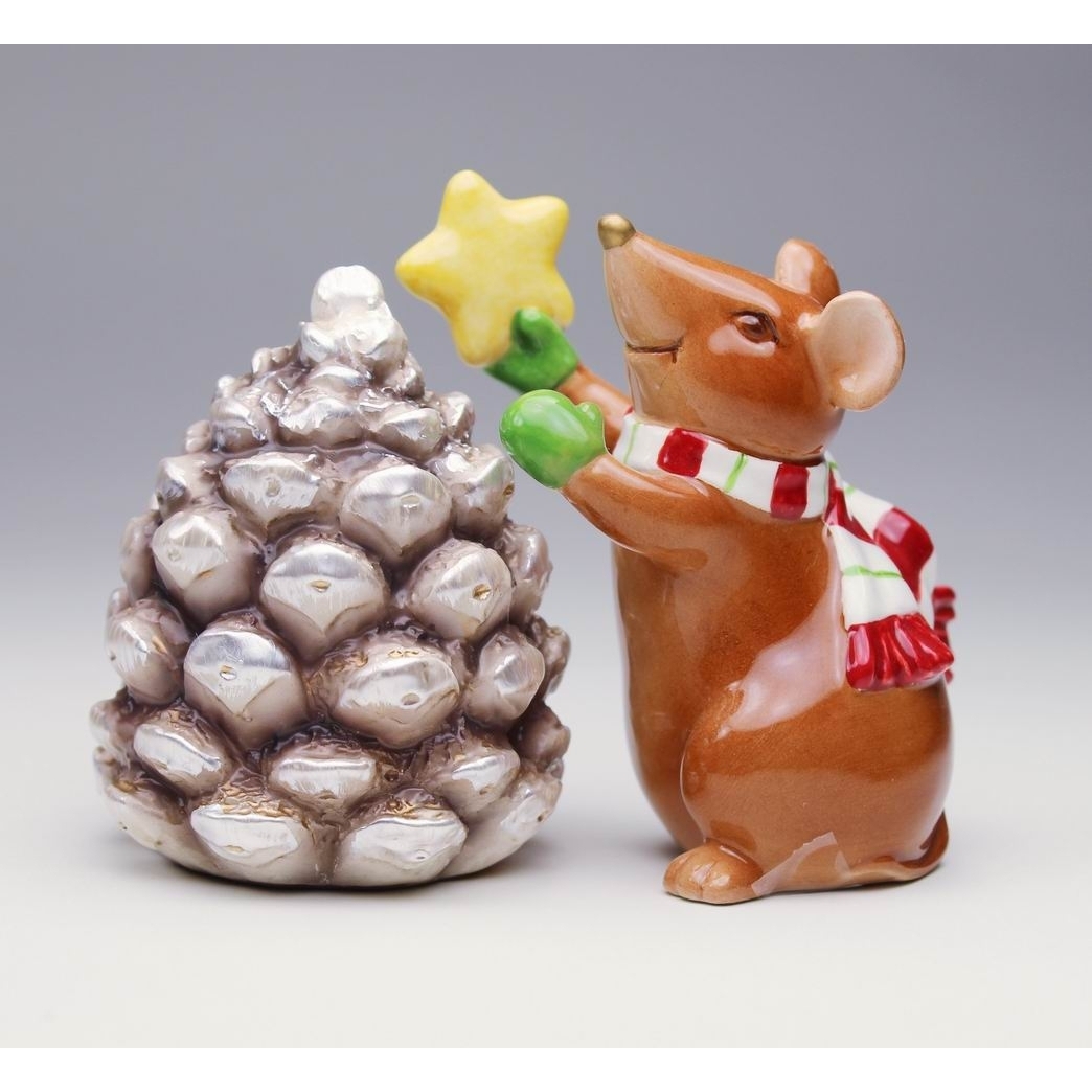 kevinsgiftshoppe Ceramic Christmas Mouse With Pinecone Salt & Pepper Shakers, Home Décor, Gift for Her, Gift for Mom, Kitchen Décor, Christmas