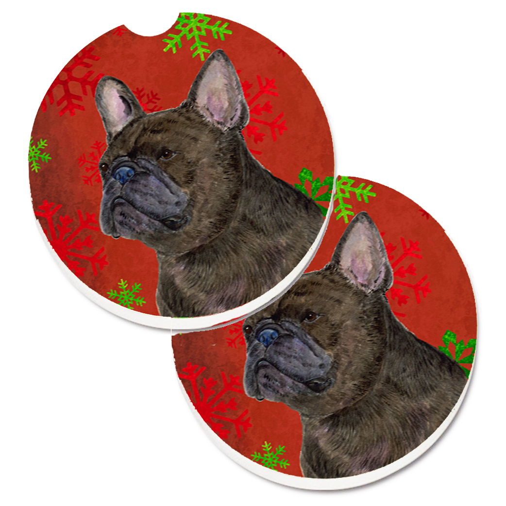 Caroline's Treasures SS4726CARC French Bulldog Red and Green Snowflakes Holiday Christmas Set of 2 Cup Holder Car Coasters,