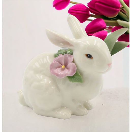 kevinsgiftshoppe Ceramic Bunny Rabbit with Pink Pansy Flower Figurine, Home Décor, Gift for Her, Gift for Mom, Kitchen Décor, Spring Décor,
