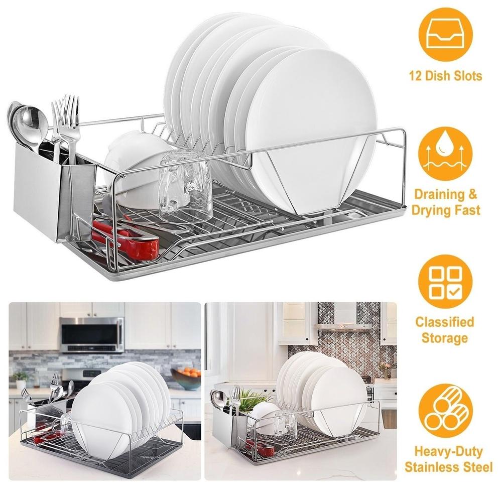 Dsermall Dish Drying Rack Stainless Steel Dish Rack with Drainboard Cutlery Holder Kitchen Dish Organizer