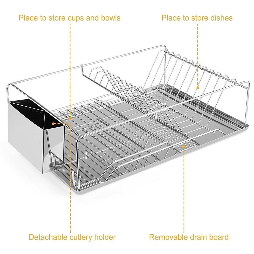 Dsermall Dish Drying Rack Stainless Steel Dish Rack with Drainboard Cutlery Holder Kitchen Dish Organizer