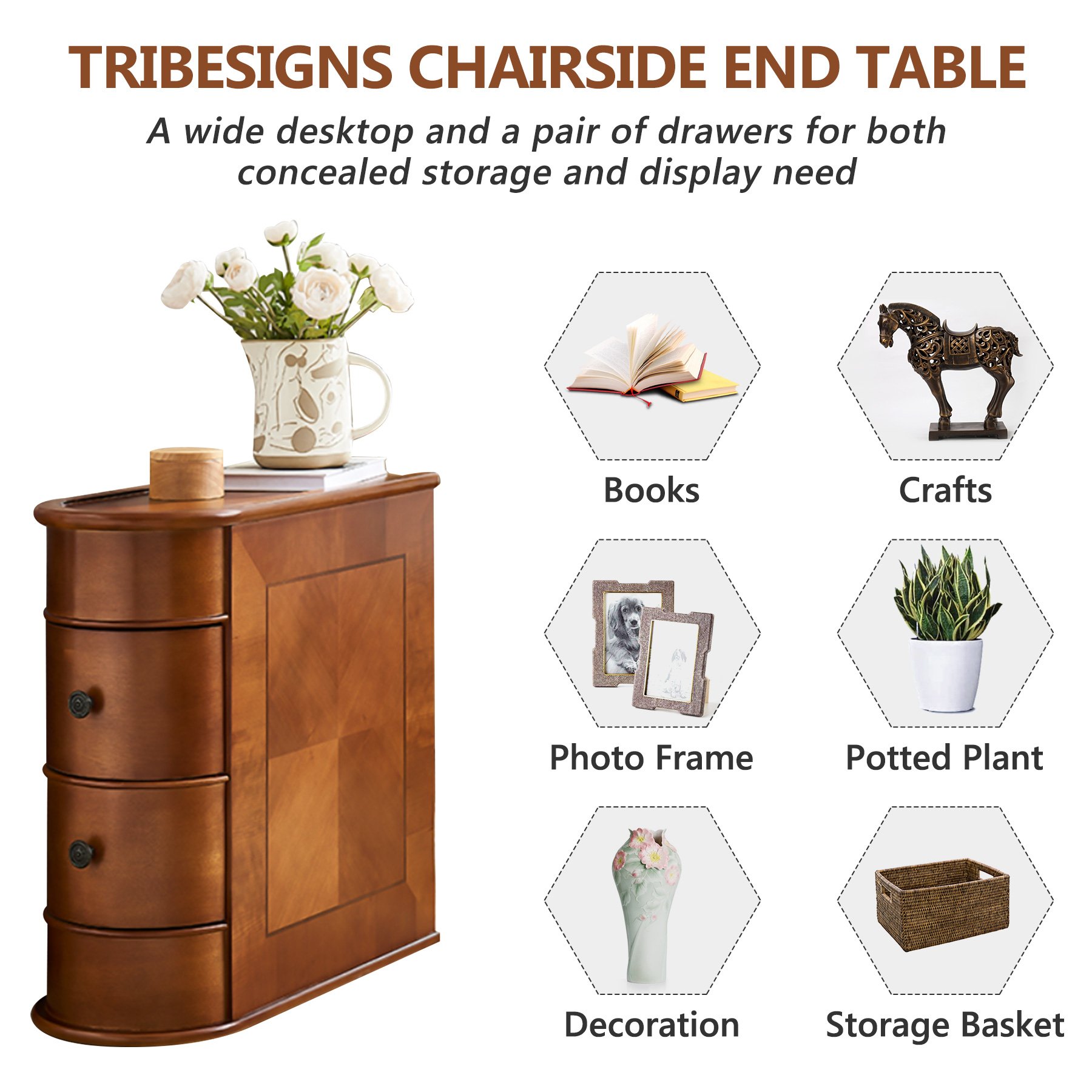 Tribesigns Wood End Table 2-Drawer Narrow Solid Side Table Slim Chair Side Table No Assembly Required Finished Back