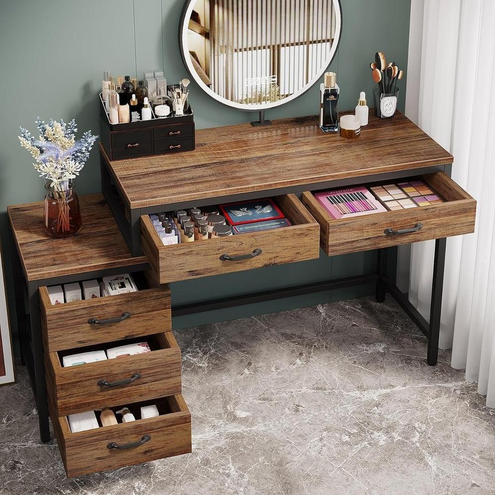 Tribesigns Vanity Desk with 5 Drawers Makeup Vanity Table Dressing Table with Side 3-Drawer Chest(Without Mirrors)