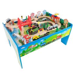 Hey! Play! Kids Toys Play 75 Pc Train Set Wooden Table 32 x 23 x 15 Road and Water Scene Toddlers Boys Girls No Batteries